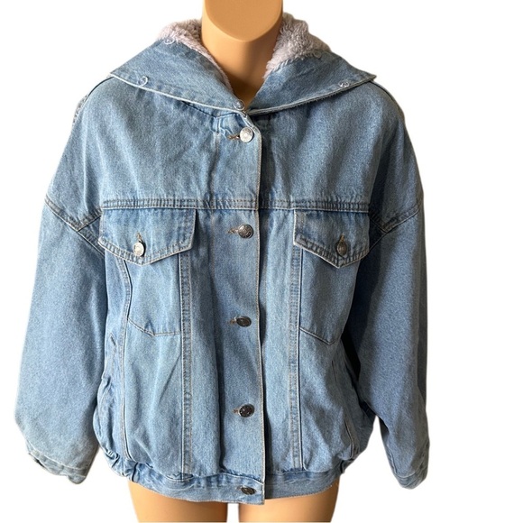 Ci Sono Jackets & Blazers - Ci Sono Women’s Medium Cropped Denim Jean Bomber Jacket with Fur Lining and Hood
